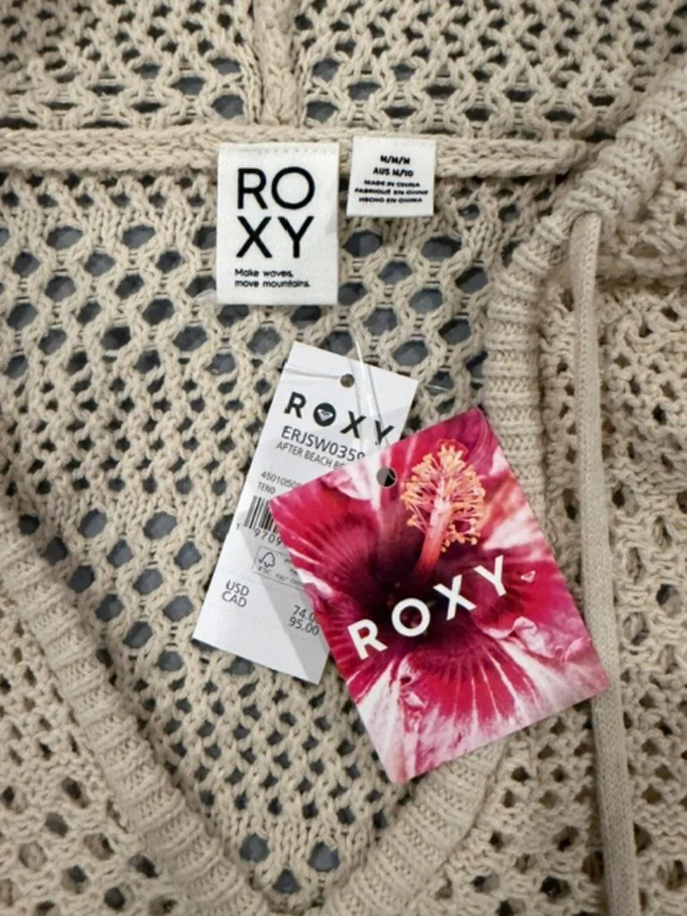 NWT Roxy Crochet Hooded Sweater Women's Small Beige Boho Beach - Picture 3 of 5